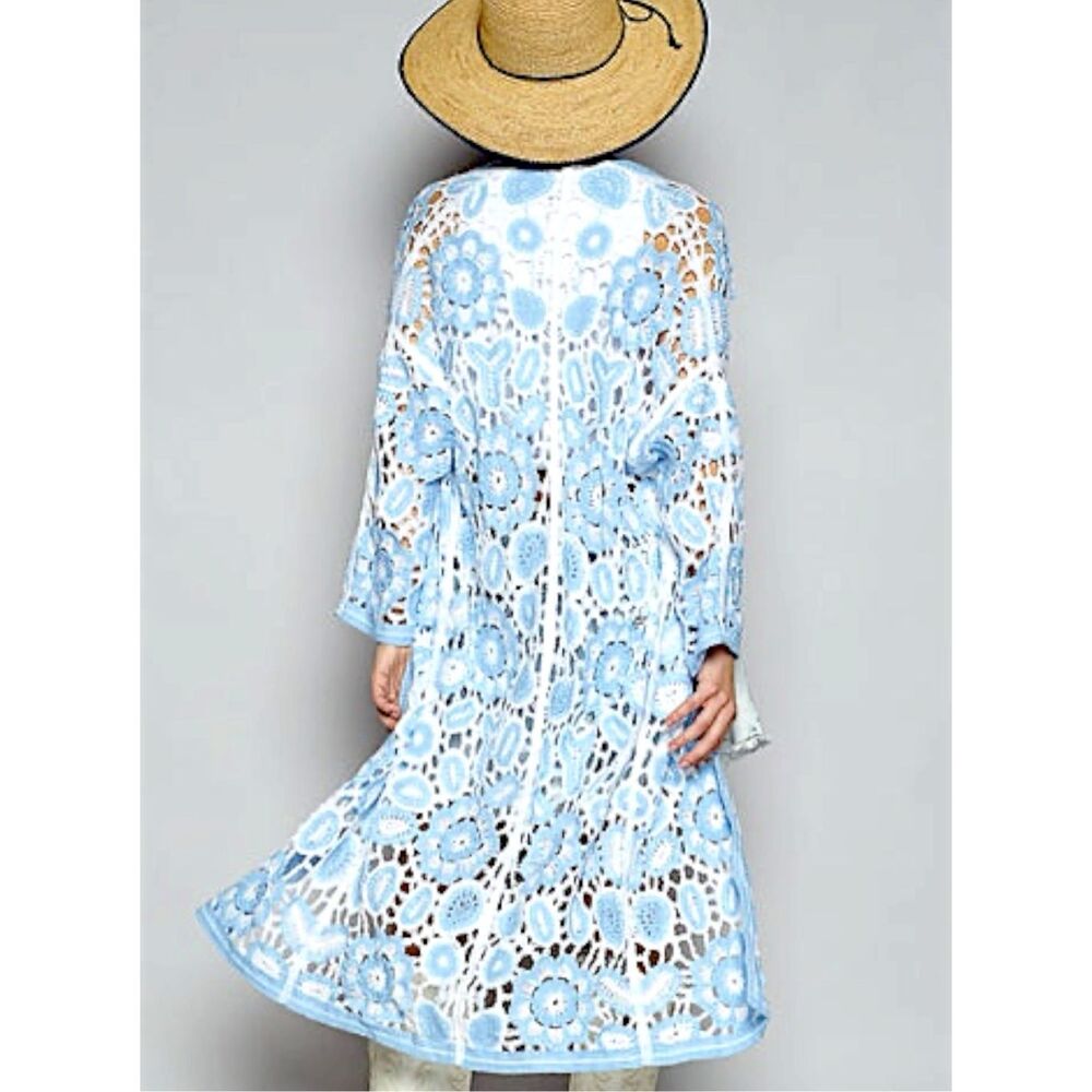 POL Blue Crochet Duster Cardigan Boho Kimono Open Knit Lace Patchwork Floral NEW - Picture 2 of 16